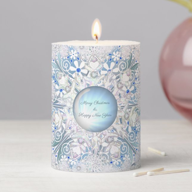 Ceramic lace sky blue &snowflake pillar candle (In Situ)