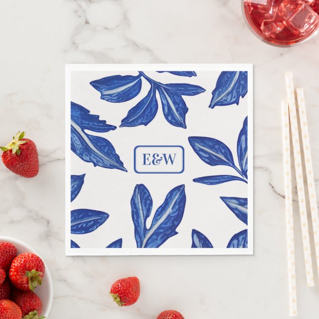 Ceramic Leaves in Blue on white - Their Initials Napkins (Insitu)
