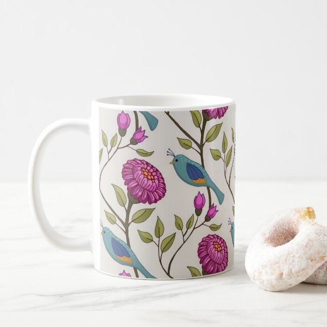 Ceramic mug with bird and flower print (With Donut)