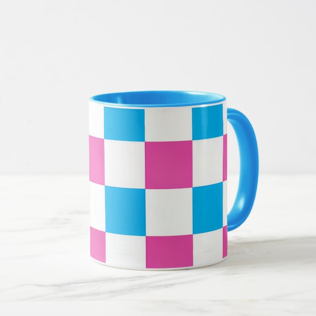 Ceramic mug with colorful tile pattern. (Front Right)