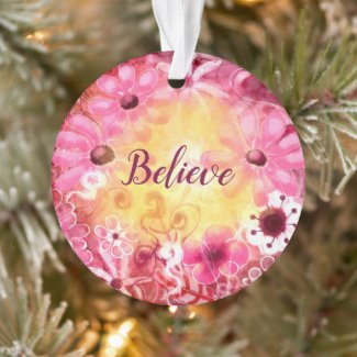 Ceramic Ornament Floral Abstract Believe Pink Red