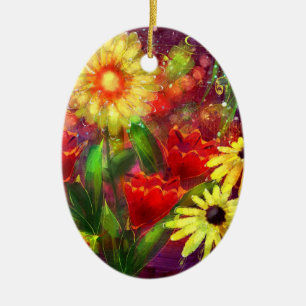Ceramic Ornament Floral Abstract Red Yellow