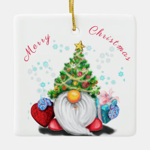 Ceramic Ornament Gnome with Christmas Tree Hat