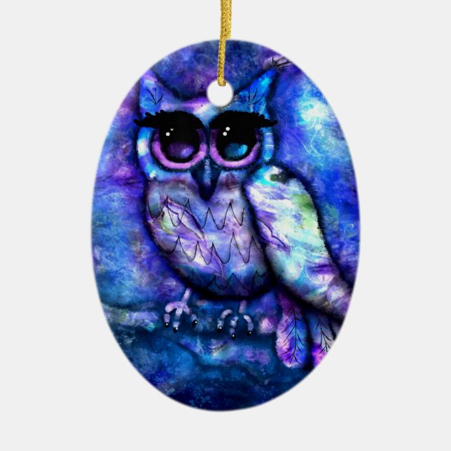 Ceramic Ornament Whimsical Abstract Owl Blue  (Front)