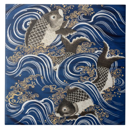 Ceramic Panel of Carp in waves _ Fukusa _ Japanese Ceramic Tile