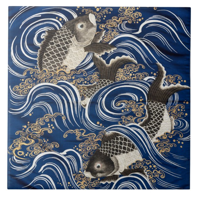 Ceramic Panel of Carp in waves - Fukusa - Japanese Tile (Front)