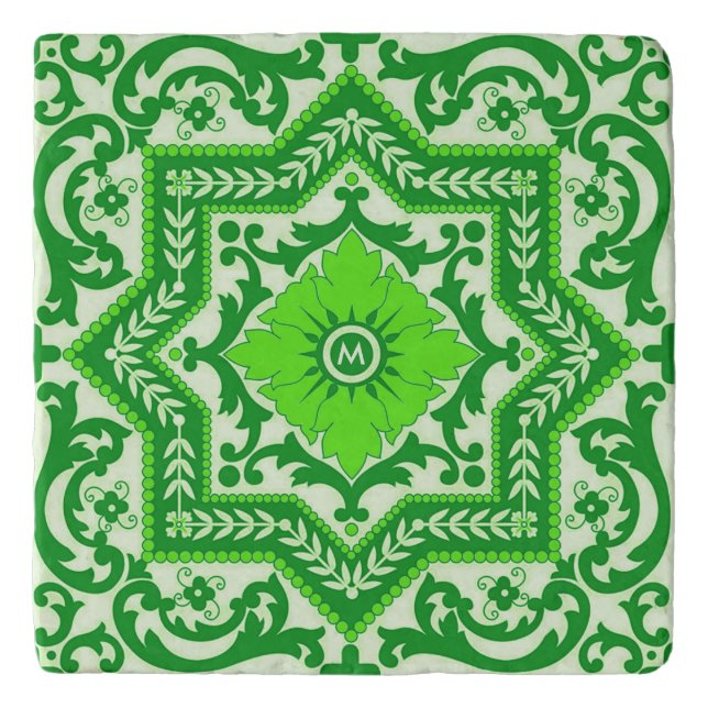 Ceramic Style Azulejo Vintage Monogram Ornament Trivet (Front)