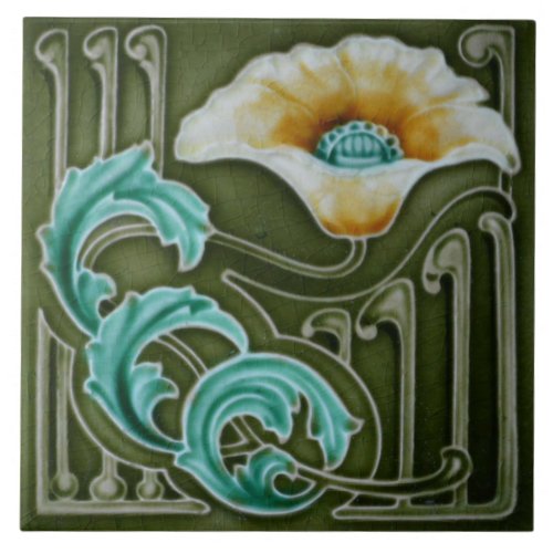 Ceramic Tile _ Antique Looking Poppy Art Nouveau