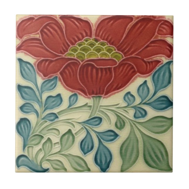 Ceramic Tile - Art Nouveau Floral Burnt Red (Front)