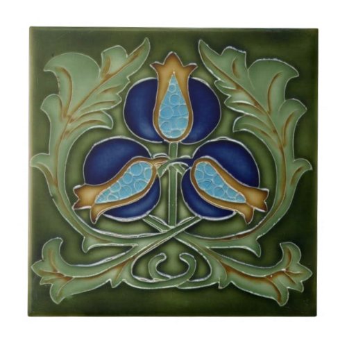 Ceramic Tile _ Art Nouveau Flowers Blue Green