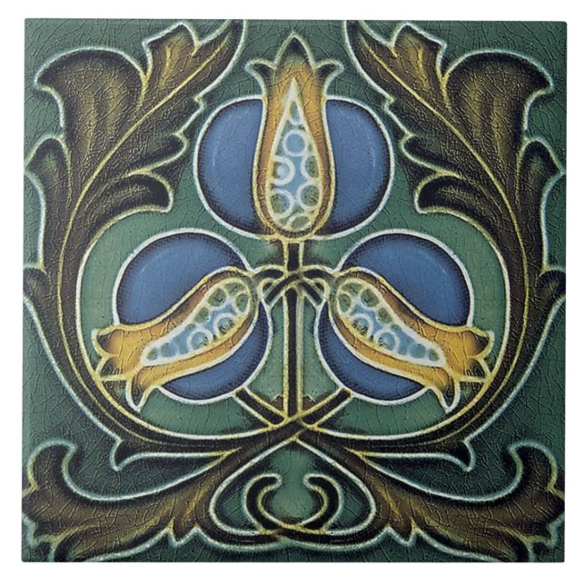 Ceramic Tile - Art Nouveau Flowers Blue Yellow (Front)