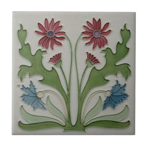 Ceramic Tile _ Art Nouveau Red  Blue Floral Tile