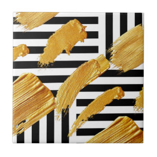 Ceramic Tile Black & White Stripe Gold Pattern