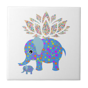 Ceramic Tile Blue Elephant Love Floral