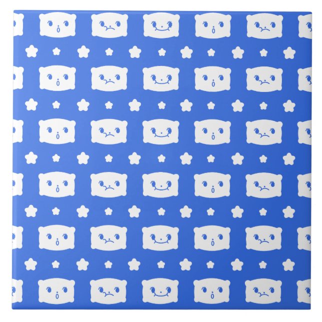 Ceramic Tile Blue Kawaii Pillow Faces Stars (Front)