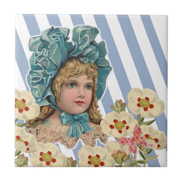 Ceramic Tile  Blue Stripe Vintage Floral (Front)