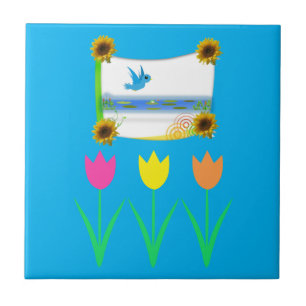 Ceramic Tile Blue Tulips Sunflower Floral