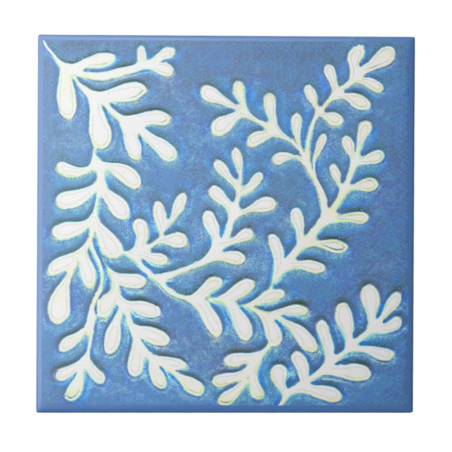 Ceramic tile, Blue & white leaves Tile (Front)