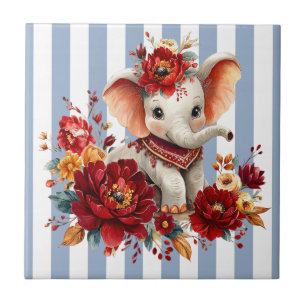 Ceramic Tile Blue & White Stripe Floral Elephant 