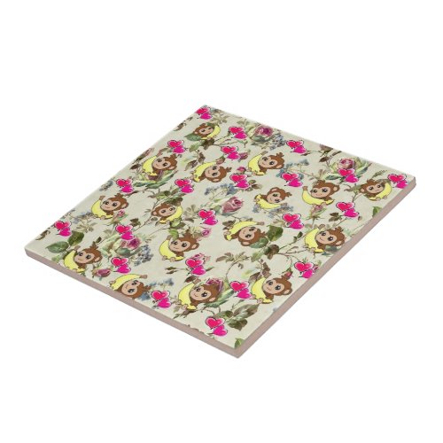 Ceramic Tile Brown Monkey Bananas Floral Hearts