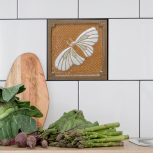 Ceramic Tile Craftsman Moth, in white & Ocher