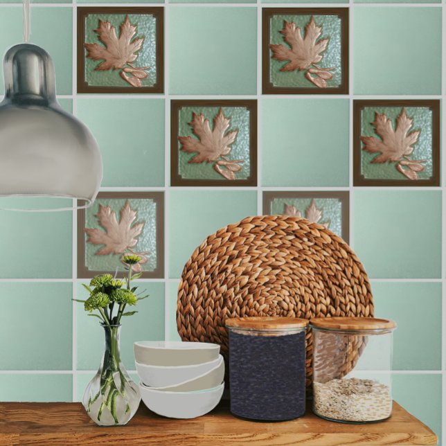 Ceramic tile, CraftsmanMaple Leaf green and copper Tile (Maple leaf tiles on backsplash)