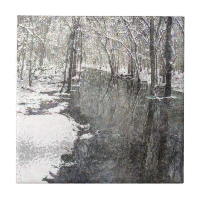 CERAMIC TILE/CREEK AND TREES IN WINTER/ B & W TILE (Front)