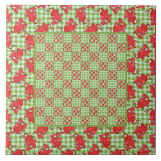 Ceramic Tile: Cute Red Dragon on Green Gingham Tile