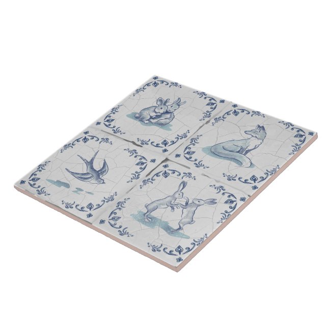 Ceramic Tile Delft Trivet Forest Animals (Side)