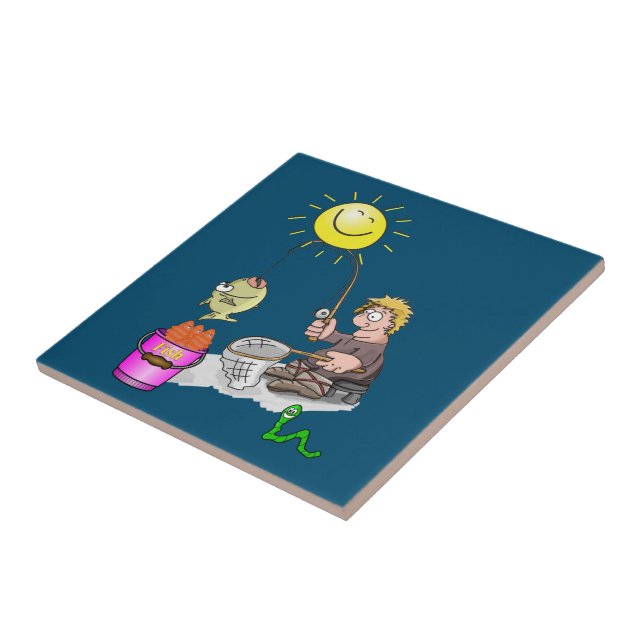 Ceramic Tile Fisherman, Fish, Sun, Blue (Side)