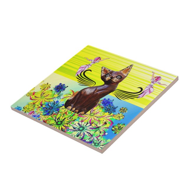 Ceramic Tile Floral Black Cat Kitten Fairy (Side)