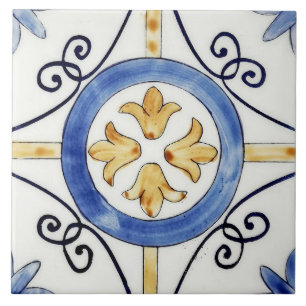 Ceramic Tile - Floral Design Blue and Orange