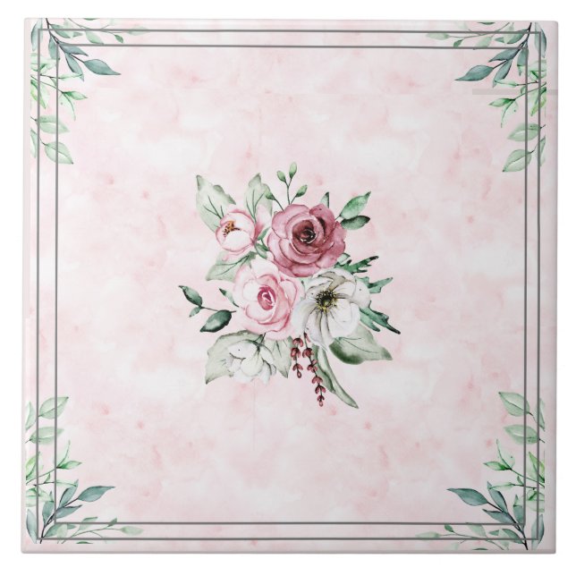 Ceramic Tile Flowers Pink & Grays (Front)