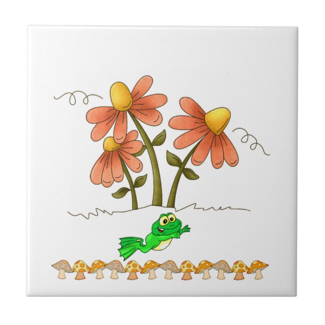 Ceramic Tile Frog Mushroom Floral Flowers  (Front)