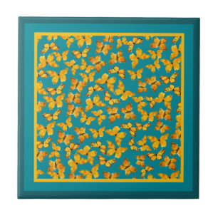 Ceramic Tile, Golden Butterflies on Teal Ceramic Tile