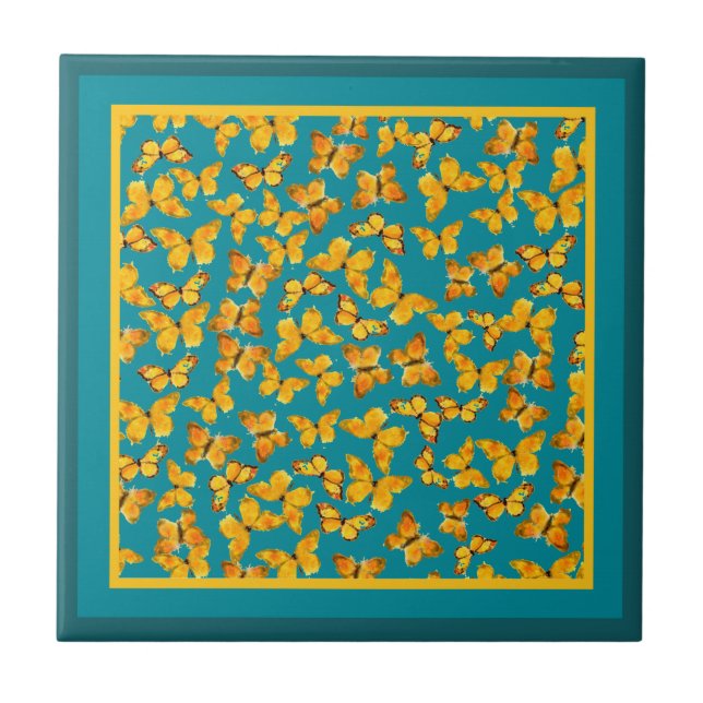 Ceramic Tile, Golden Butterflies on Teal Ceramic Tile (Front)