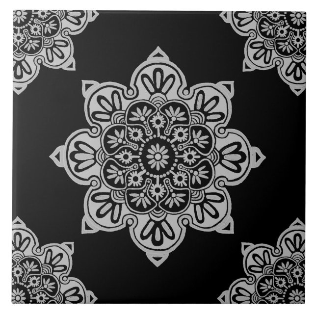 Ceramic tile, gray Medallion on Black Tile (Front)