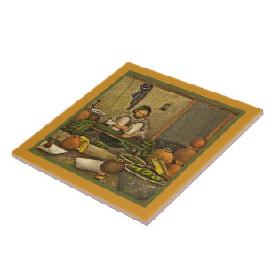 CERAMIC TILE/MAN SEATED ON FLOOR AMONG VASES TILE