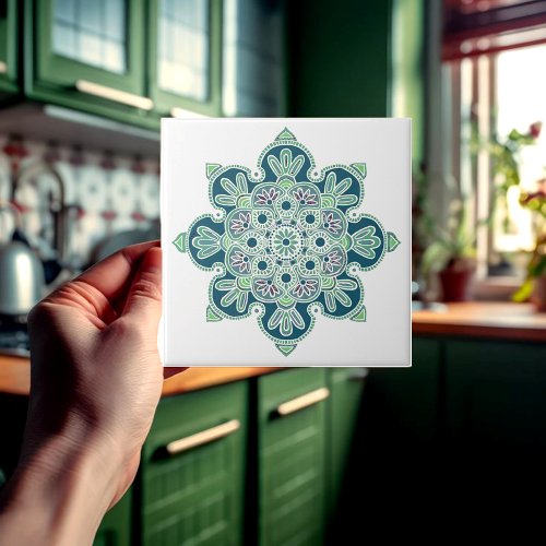 Ceramic Tile Medallion with light greens and teal