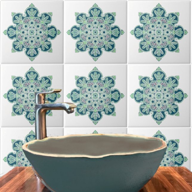 Ceramic Tile Medallion with light greens and teal (Green medallion tile  in bathroom.)