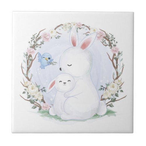 CERAMIC TILE  MOTHER  BABY BUNNY