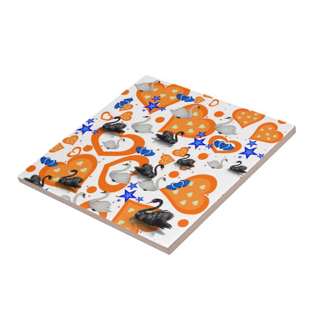 Ceramic Tile, Orange Hearts Swan Blue Stars Tile (Side)