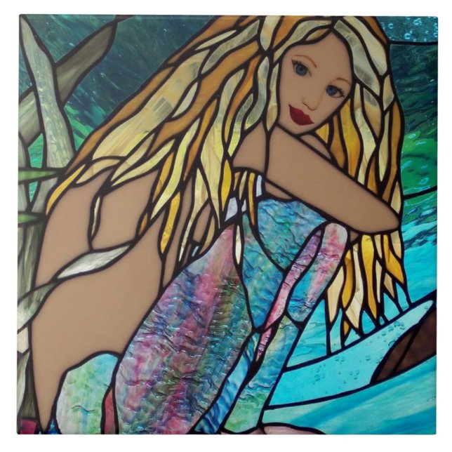 Ceramic Tile - Painted Stain Glass Mermaid (Front)