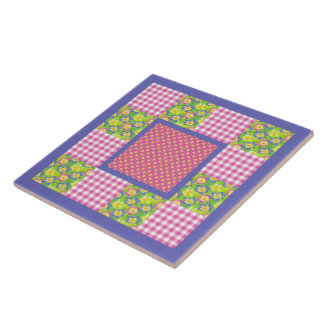 Ceramic Tile: Pink: Primroses, Polka Dots, Gingham Tile