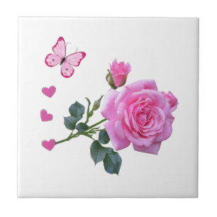 Ceramic Tile Pink Rose Floral Butterfly Hearts