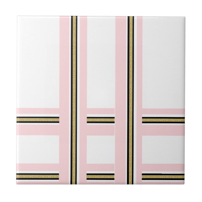 Ceramic Tile Pink & White Gold Black Stripe  (Front)