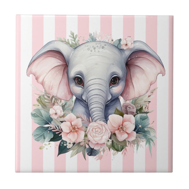 Ceramic Tile Pink & White Stripe Floral Elephant (Front)