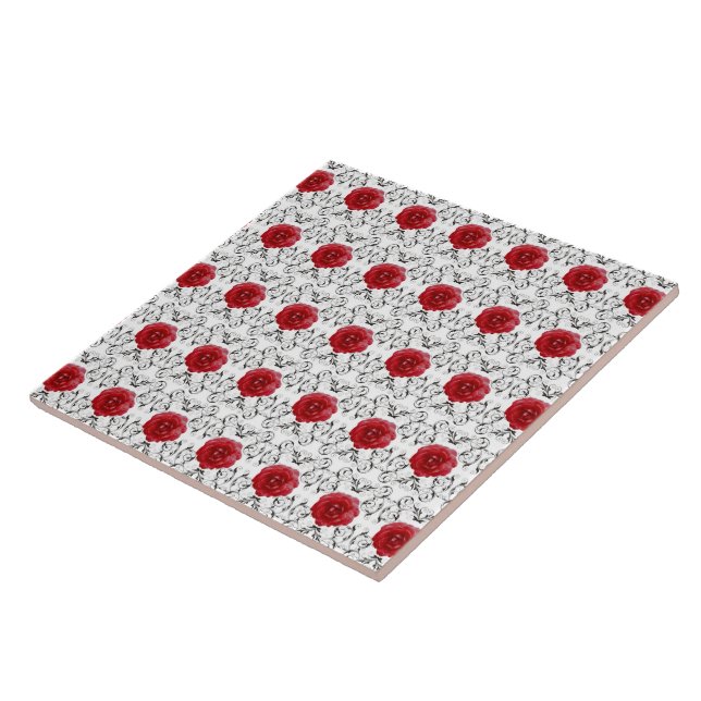 Ceramic Tile - Red Rose Black Scrollwork (Side)