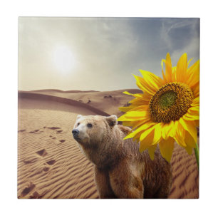 Ceramic Tile Rustic Bear Sunflower Floral Nature
