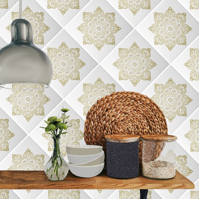 Ceramic tile, sepia medallion on white tile (taupe medallions on white shown on a kitchen)